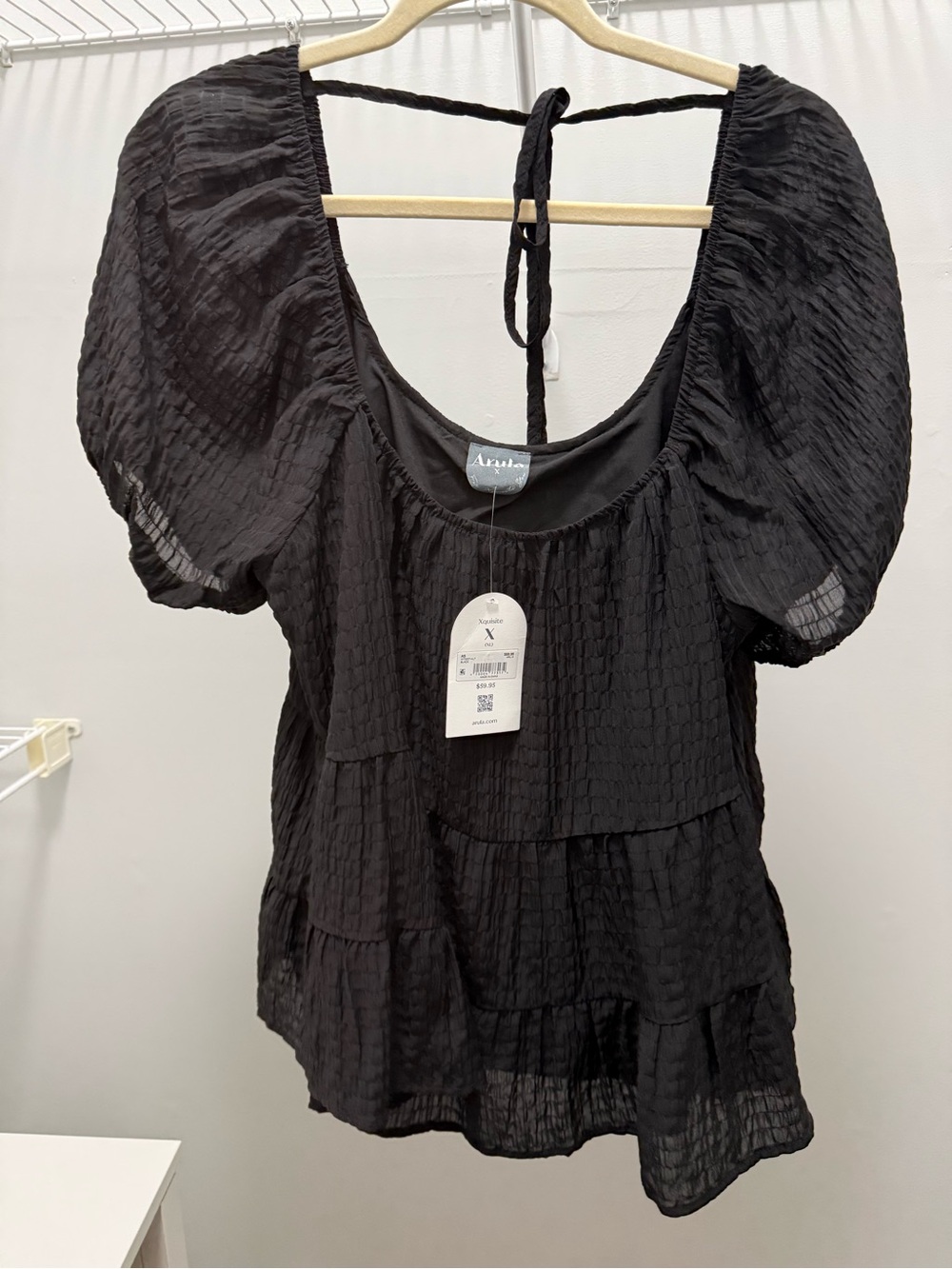 ARULA Black Puff-Sleeve Tiered Ruffle Scoop Blouse